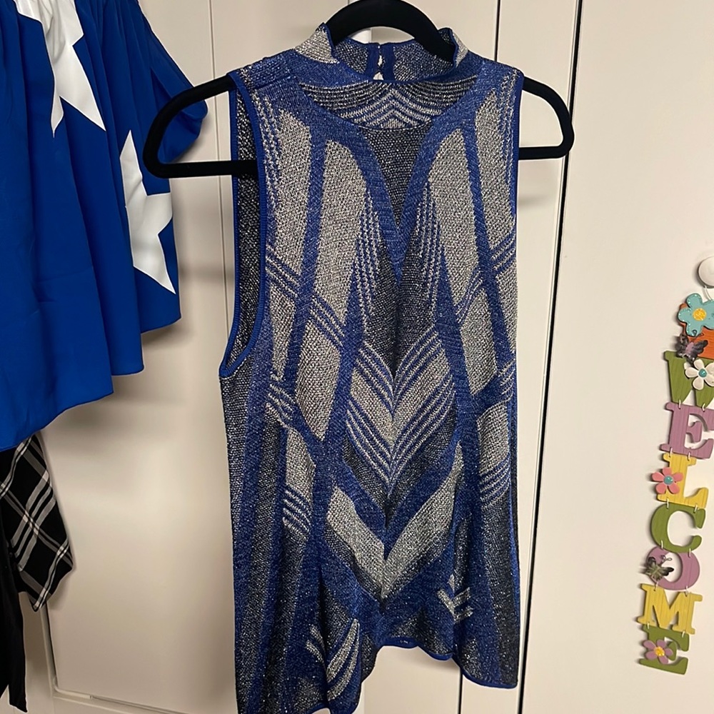 INC blue and silver sleeveless turtleneck top